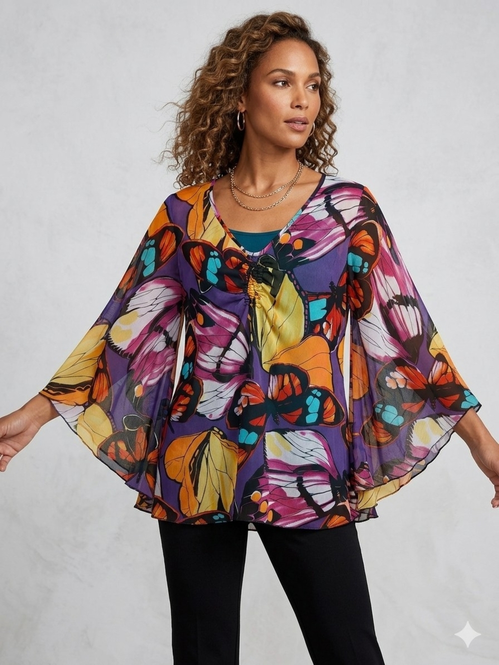 Sheer Butterfly-Print Flare Top - Multicolor